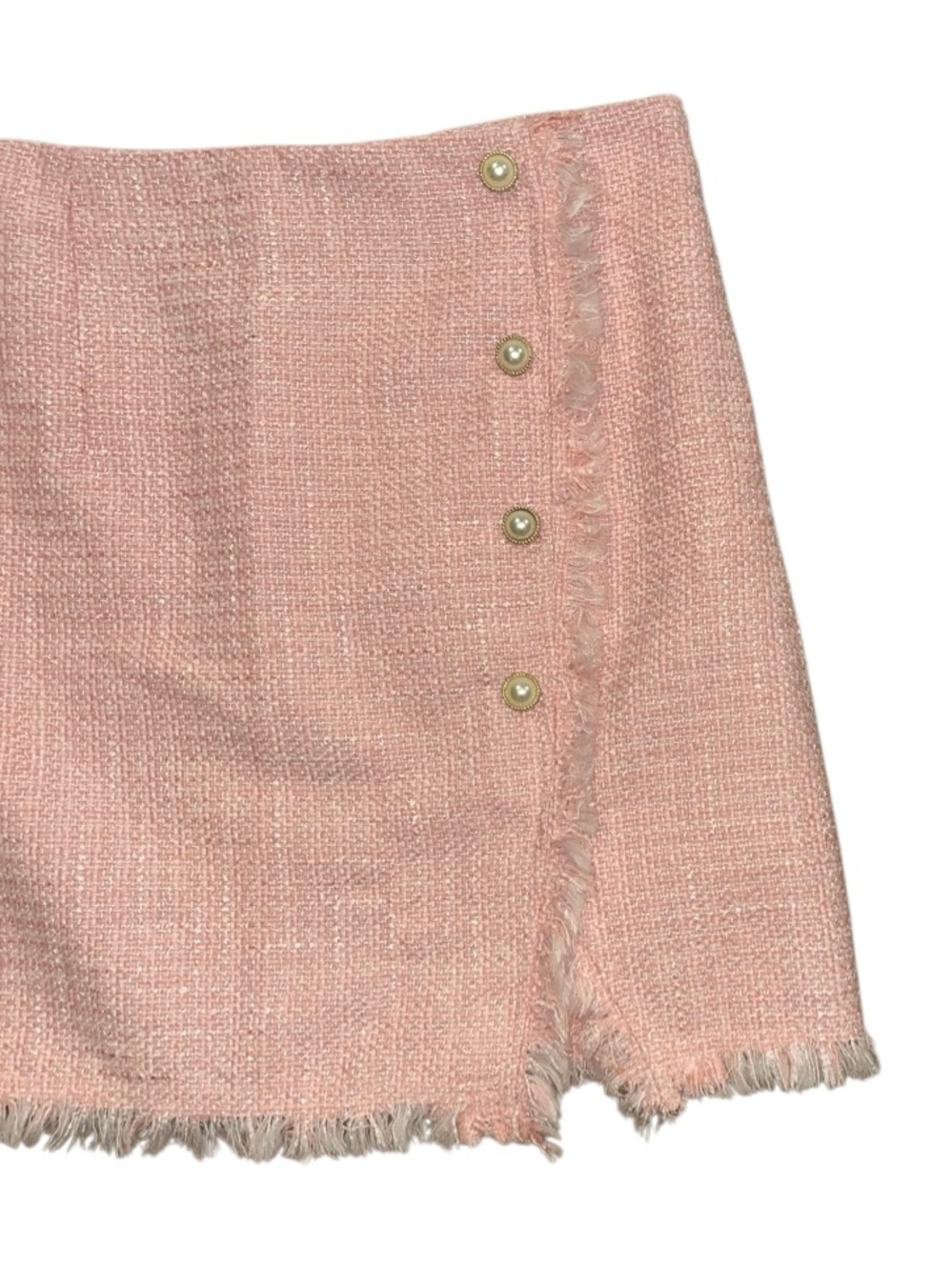 Francesca's Blue Rain Faux-Wrap Pink Plaid Tweed Mini Skirt - Picture 3 of 9